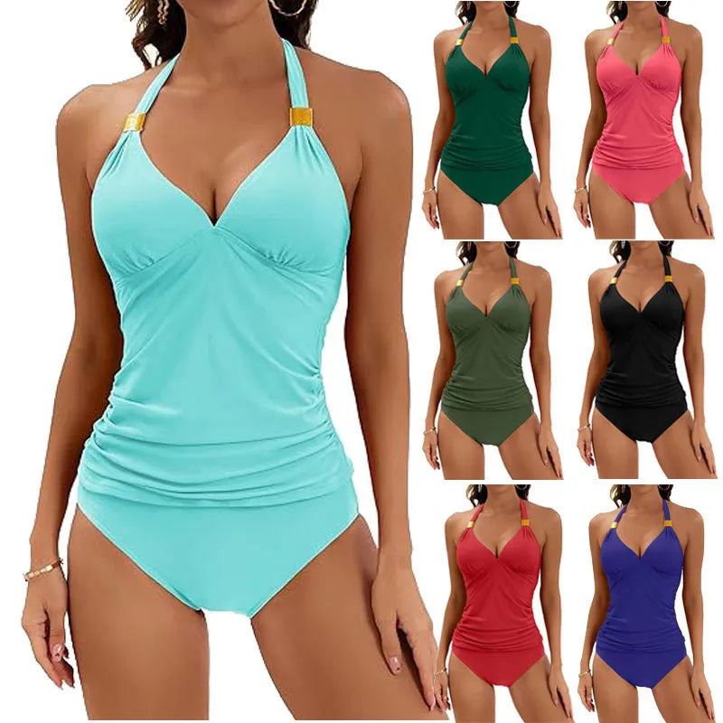 Women's solid colour halter neck bikini set with tie-back and tie-side details.