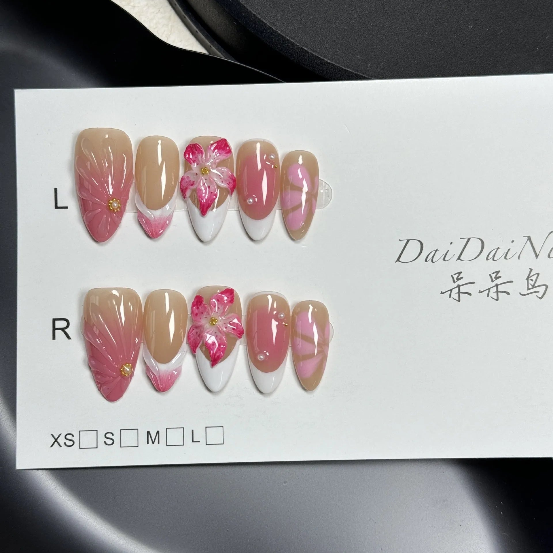 French style 3D nail art decals with fluid ice flower and lily designs in plastic almond shape wearables