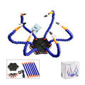 Black and purple six-claw aluminium alloy welding station tool with multiple arms for model repair soldering.
