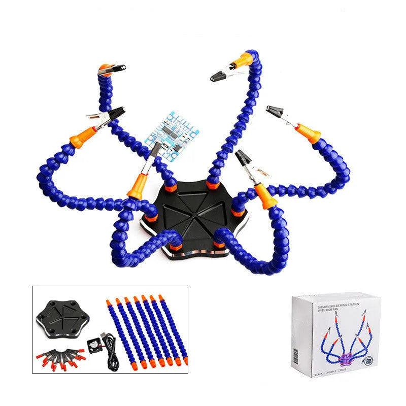 Black and purple six-claw aluminium alloy welding station tool with multiple arms for model repair soldering.