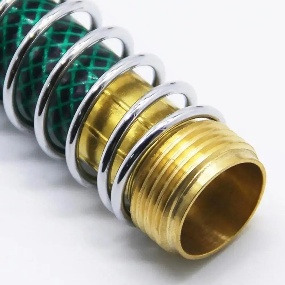 Brass garden hose spring connector with spiral anti-kink design and threaded joints