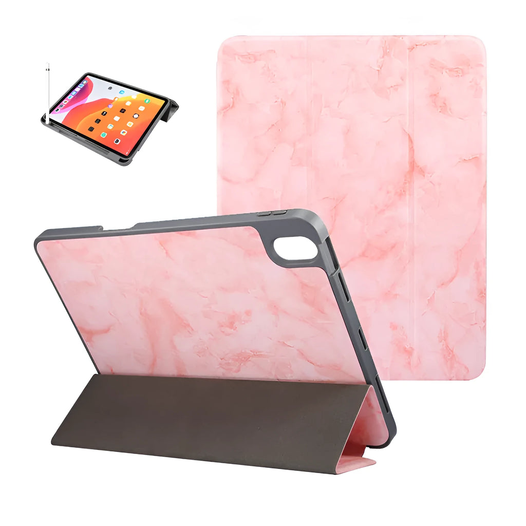 iPad imitation leather case with tri-fold marbling design showing integrated pen slot in dark gray colour