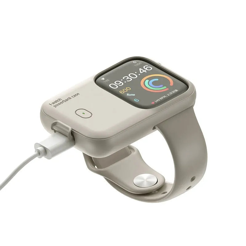 Apple Watch portable wireless charging case power bank in brown, midnight blue, and starlight colours