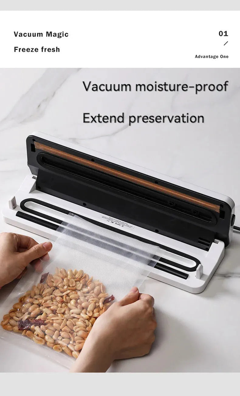 Compact white automatic vacuum sealer machine for household food preservation with portable design