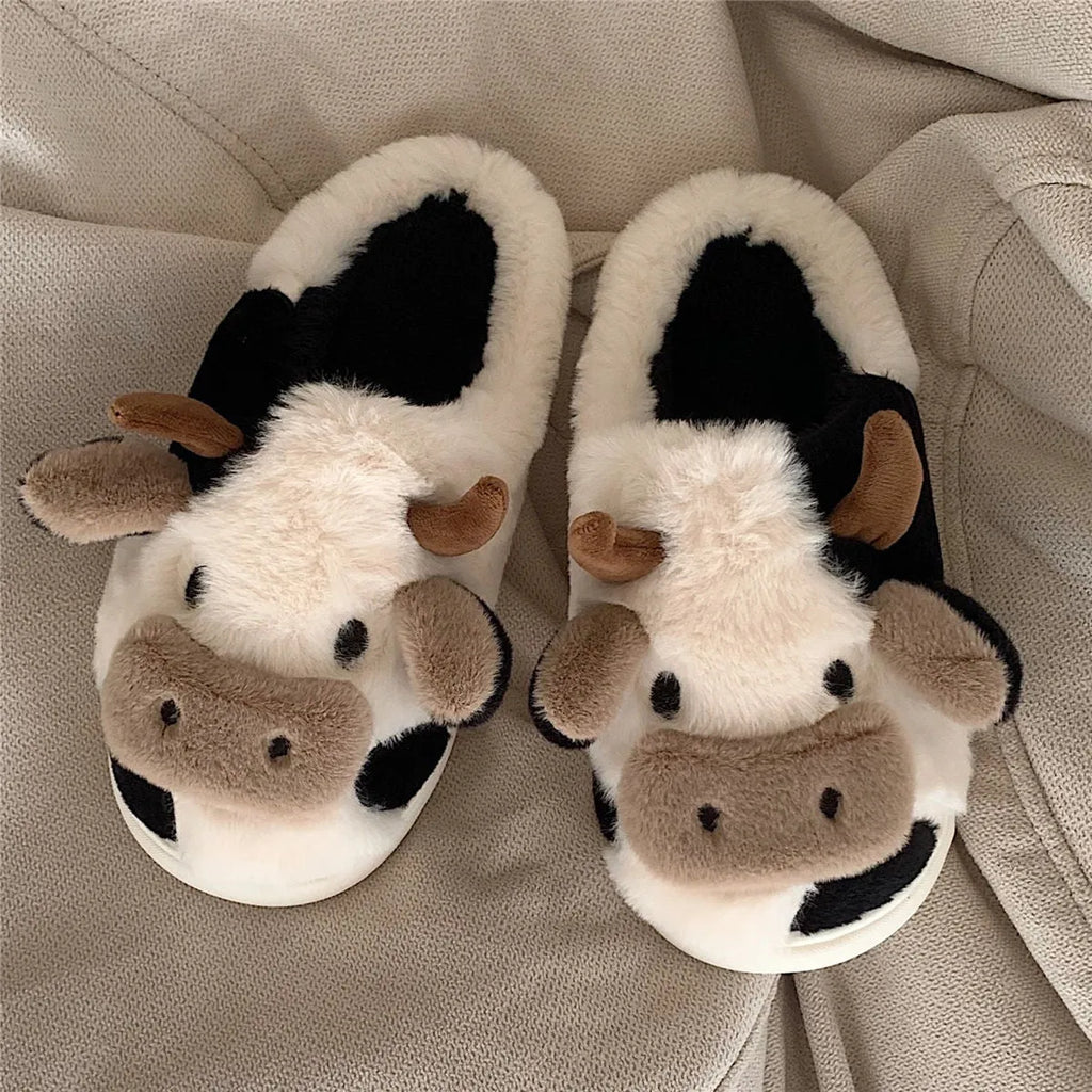White cartoon cow plush slippers for women with non-slip textured PVC soles