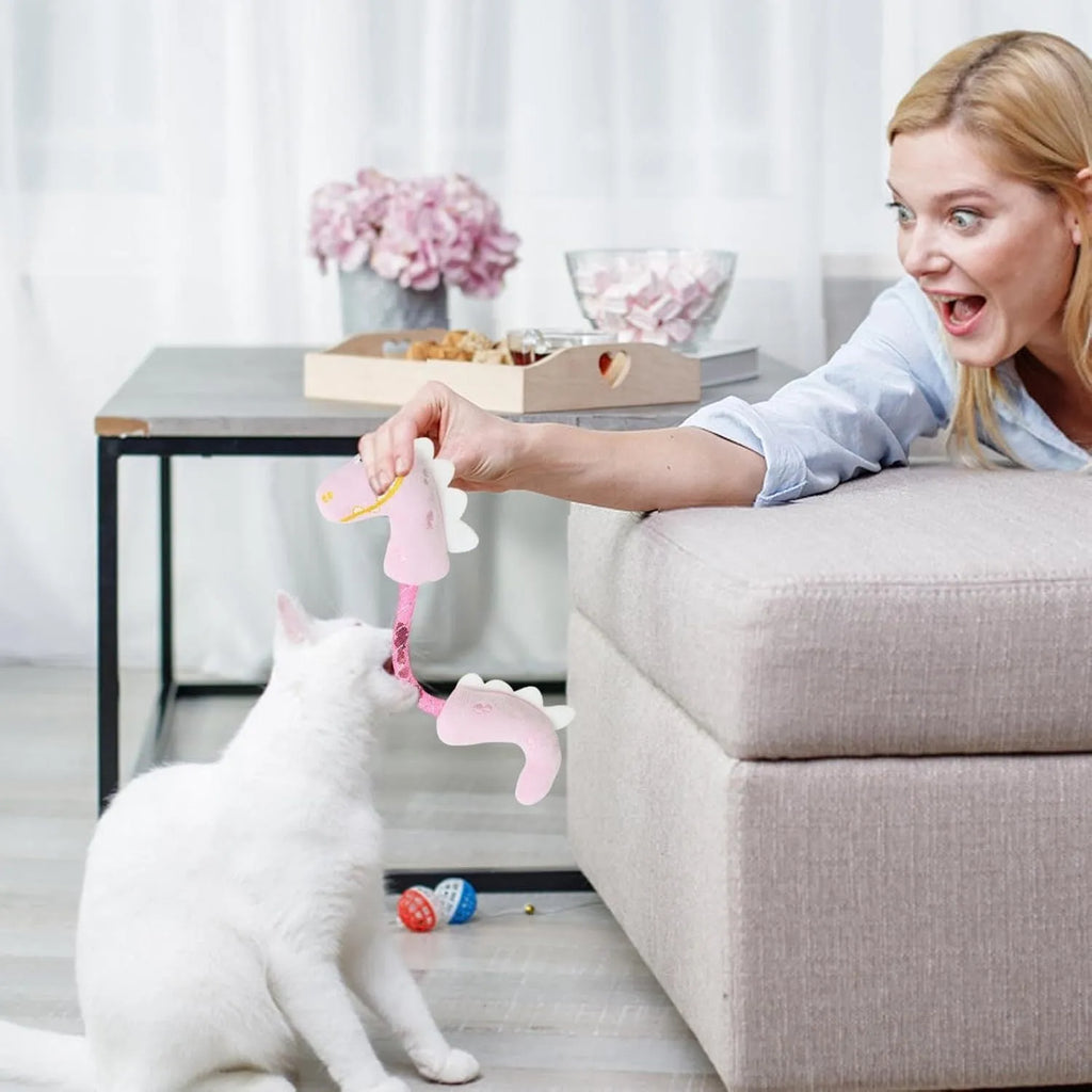Set of four cat toys including rope, spring, kicker and plush mouse toys in pink, purple or yellow colours