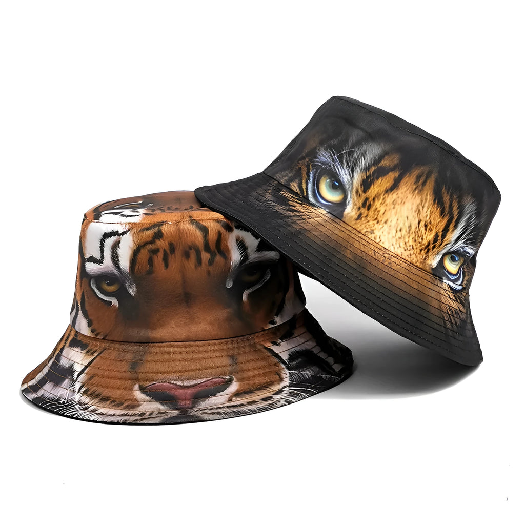 Retro tiger print bucket hat in khaki colour with dome crown for sun protection.