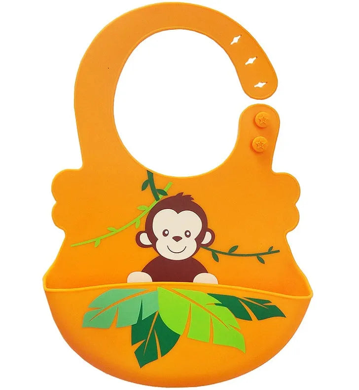 Waterproof silicone baby feeding bib with deep pocket in multiple colours, 28x21cm, on a white background
