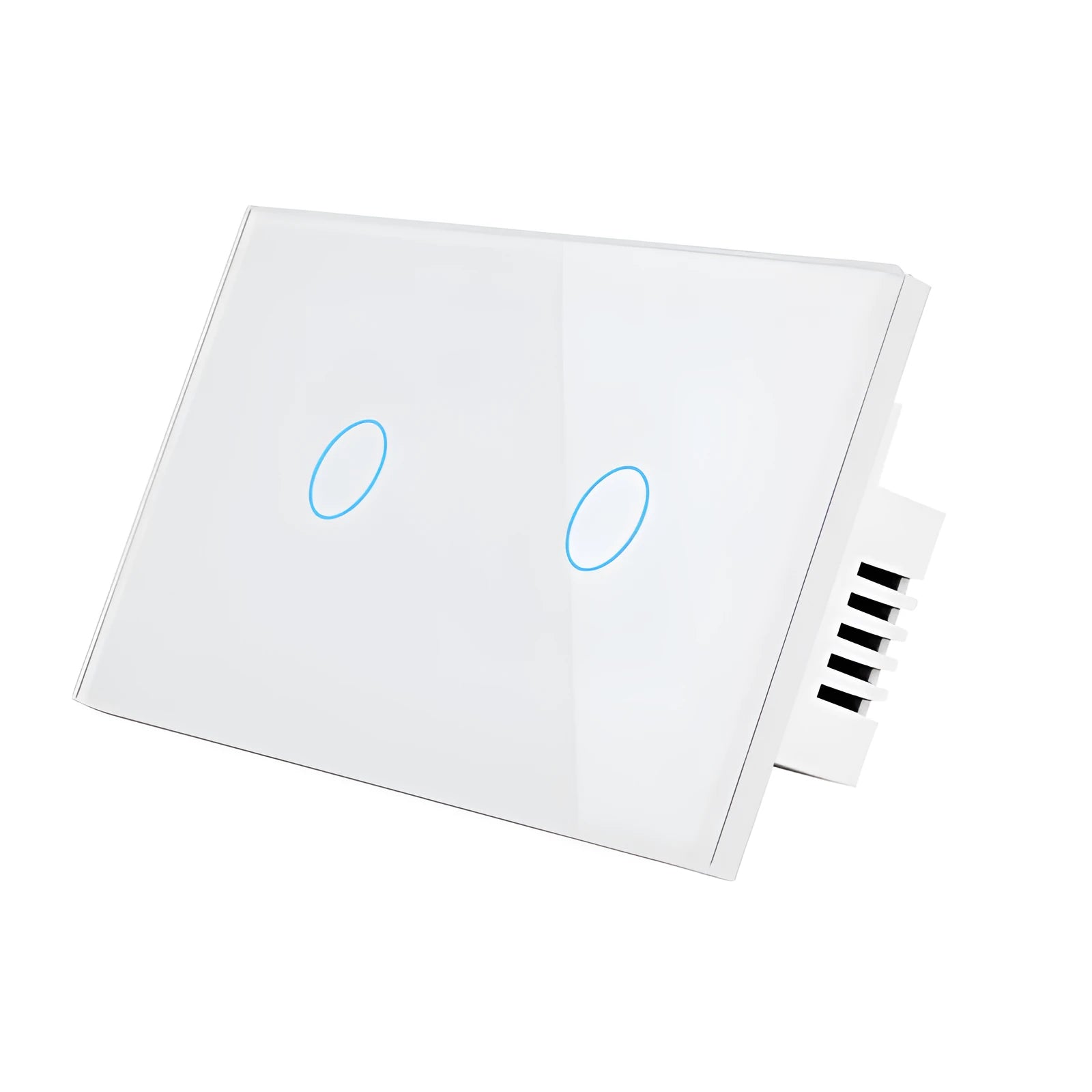 Modern 2-gang tempered glass touch light switch with white finish and blue LED indicator