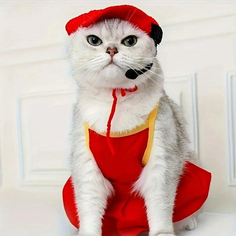 Handmade chef hat and cotton knitted sweater on a small cat for a birthday costume