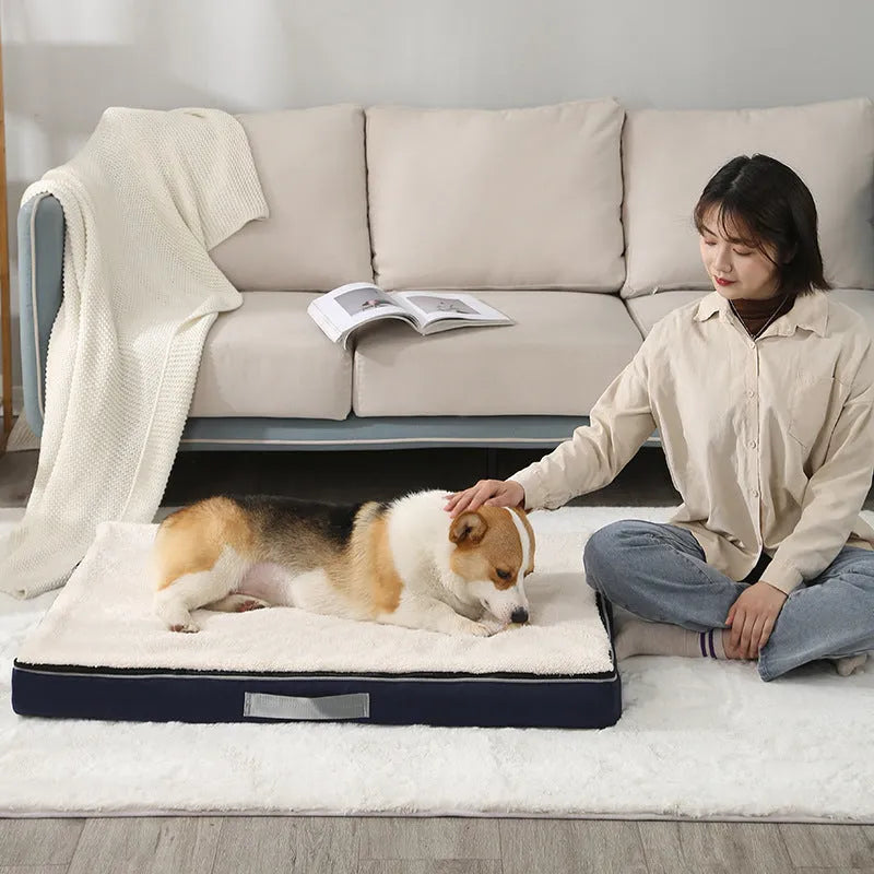 Removable cover memory foam dog mat in khaki, shown in a 90x70x10cm size.