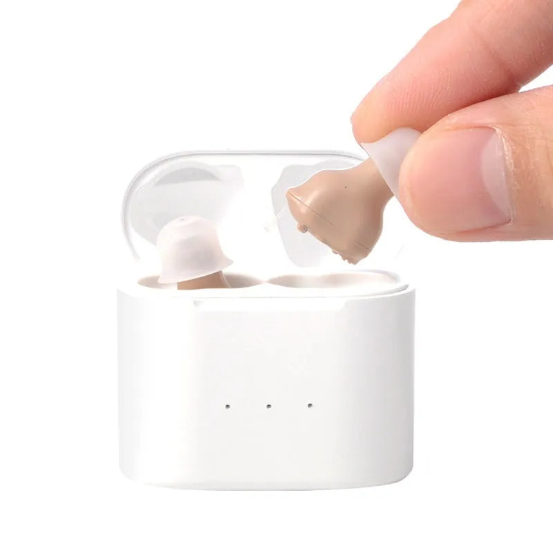 Invisible skin colour rechargeable hearing aid with USB port for in-ear use