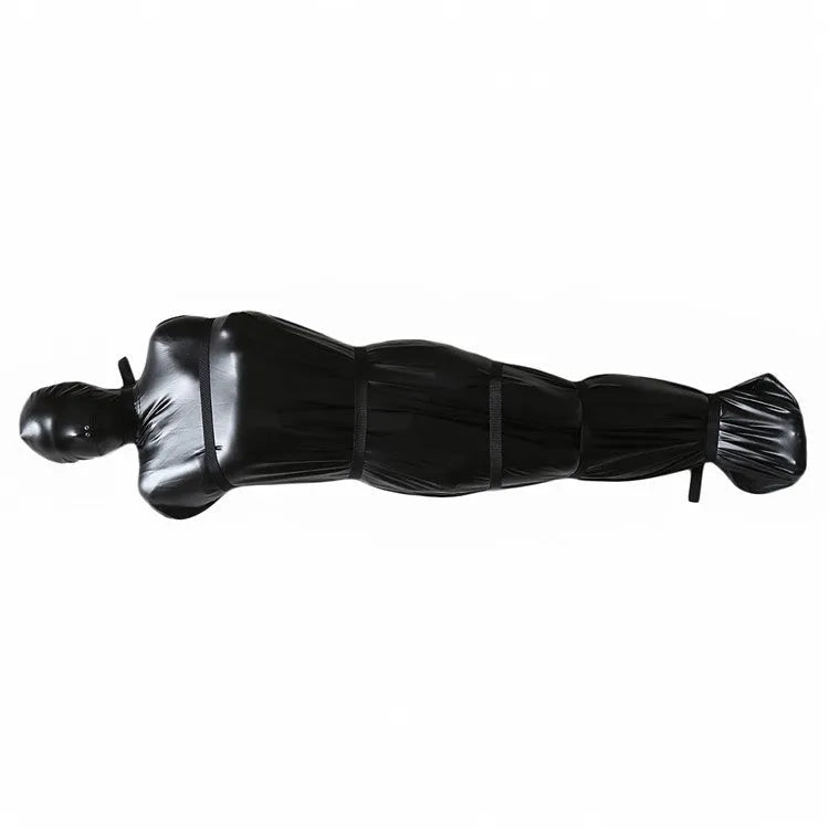 Black patent leather bondage restraint set showing full harness and six ratchet tie-down straps