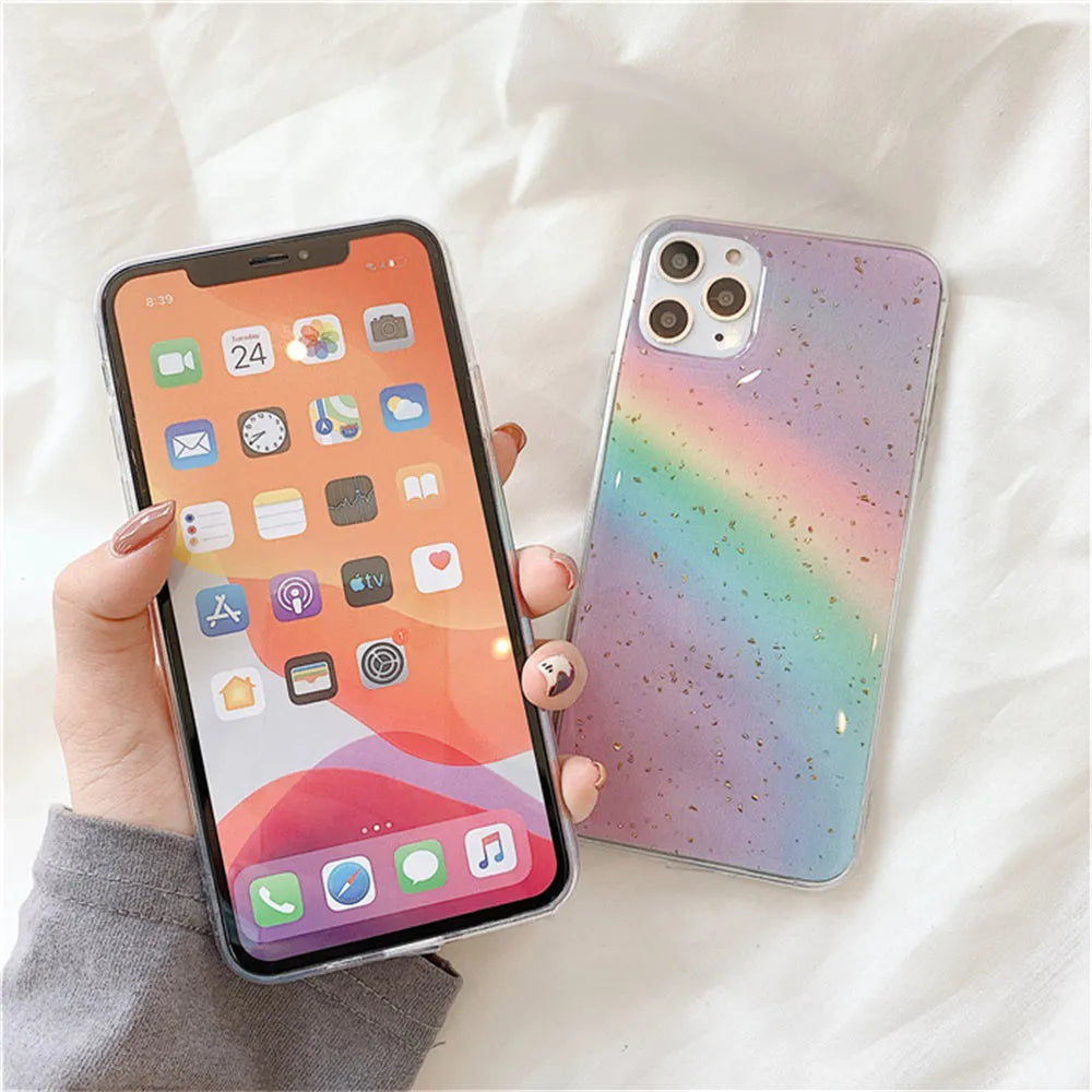 Rainbow gradient striped TPU protective case for iPhone on wooden surface