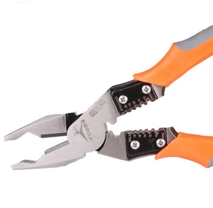 Orange multi-function wire cutter pliers with forged steel jaws and textured PVC handles.