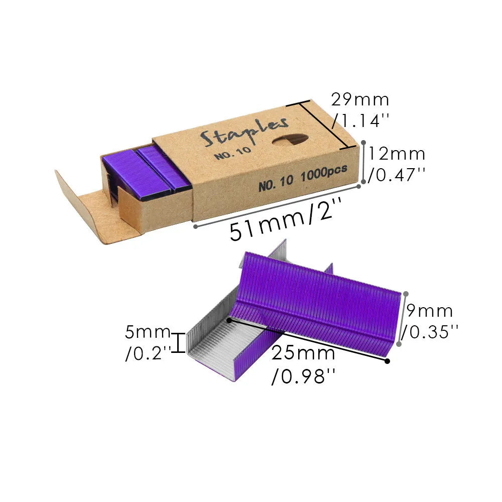 A box of 1000 metal office staples in rose gold, black, purple, and rose red colour options.