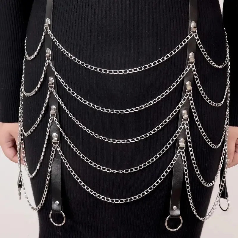 Black PU leather waist chain with bandage binding design for women's waist jewellery accessory