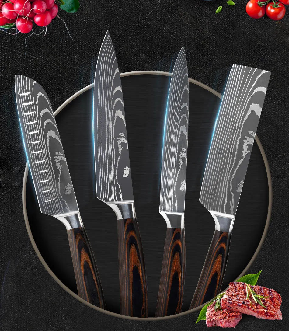 Chef knife with laser Damascus pattern blade and colour steel handle, 30cm long.