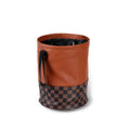 Black leather folding car bin with retractable handle and waterproof lining for vehicle waste collection
