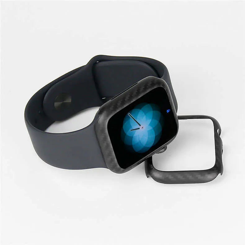 Apple Watch Series 4 44mm case in black carbon fibre leather design, showing ultra-thin half-wrap profile