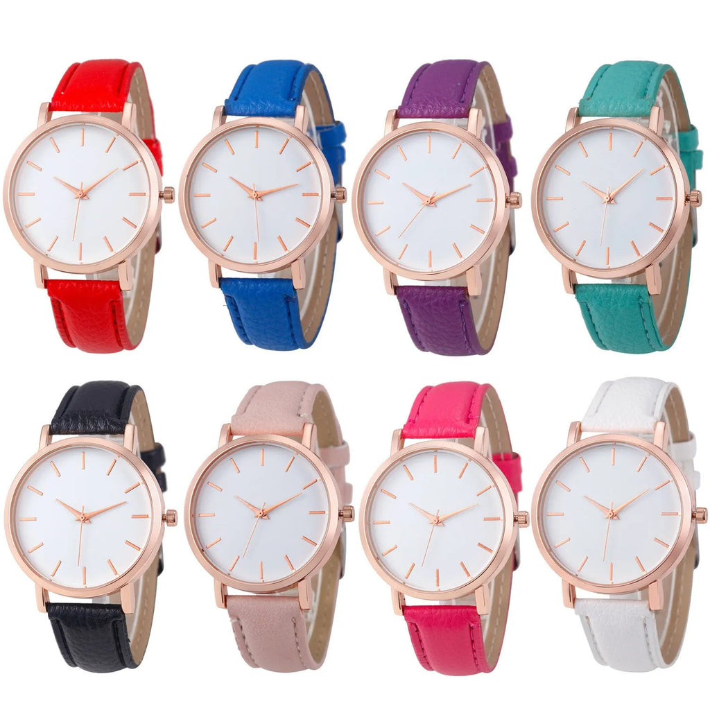 Square-faced quartz watch with PU leather strap on a wrist, showing the 35.5mm case.