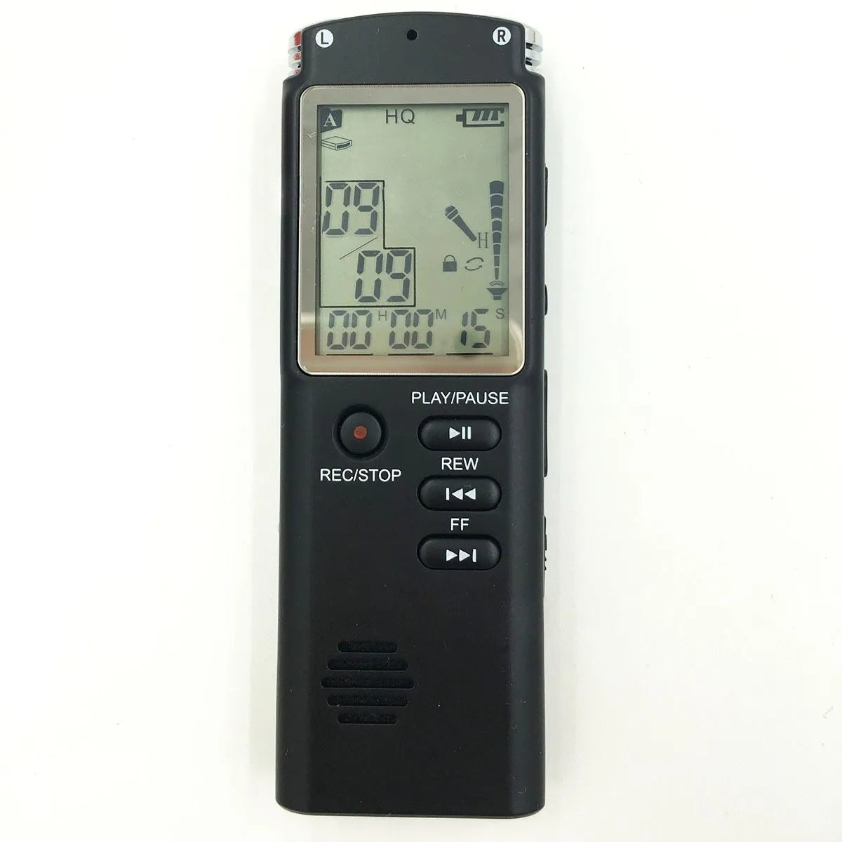 Compact black USB voice recorder with external mic support and telephone recording features