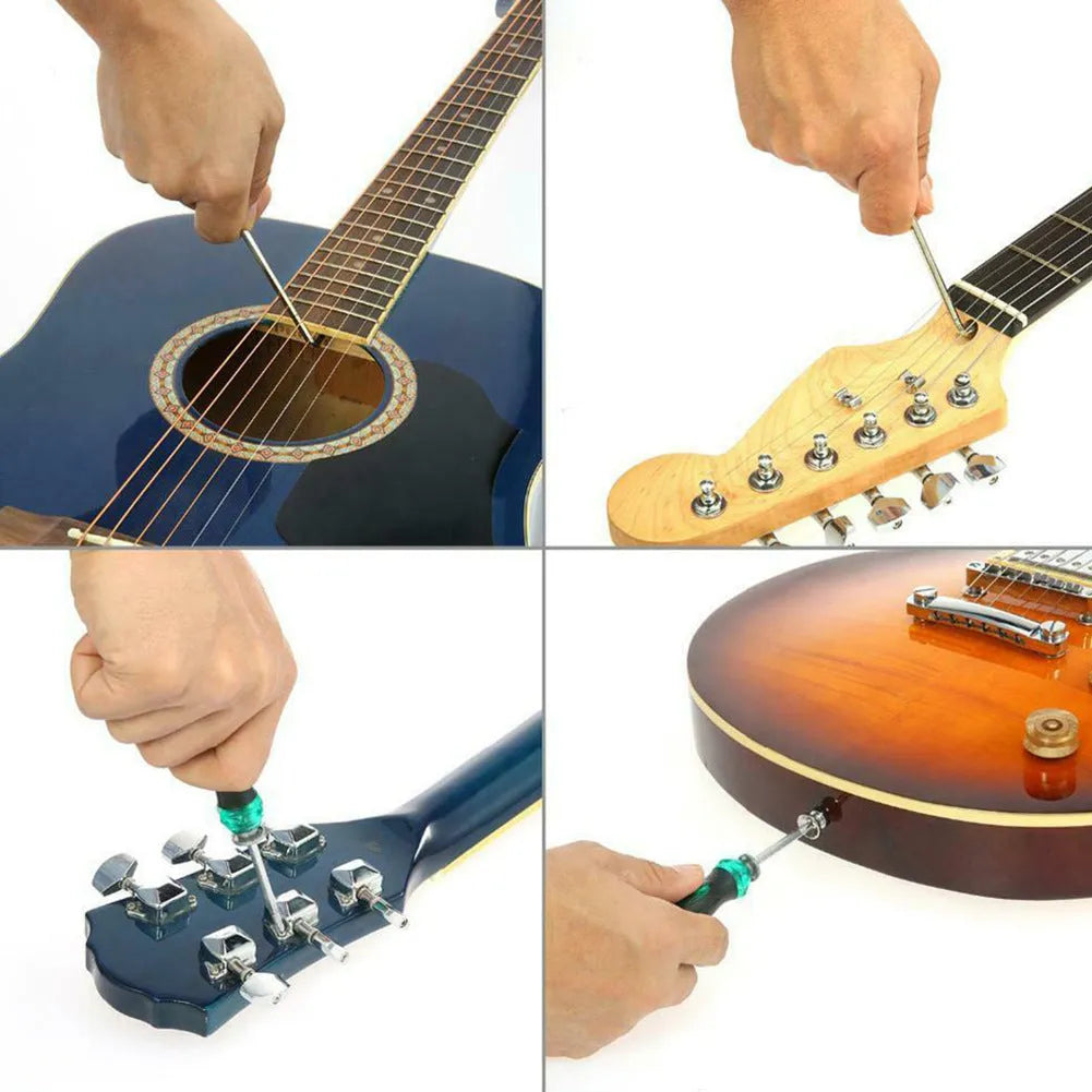 Black plastic and metal guitar repair tool kit for guitar, bass, mandolin, banjo maintenance.