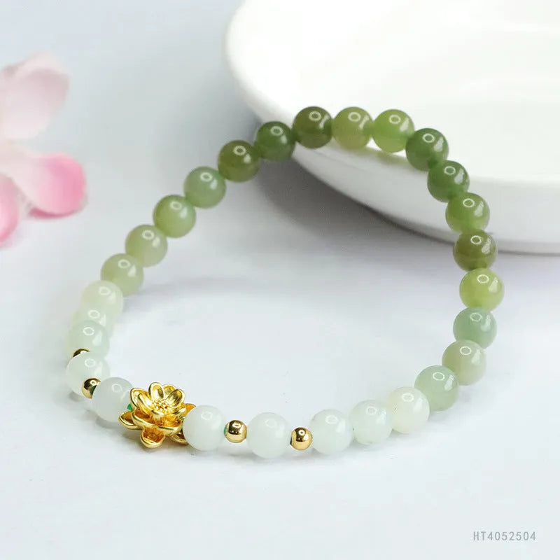 Hand-woven ancient style Hetian jade bracelet with water gradient colours and flower design