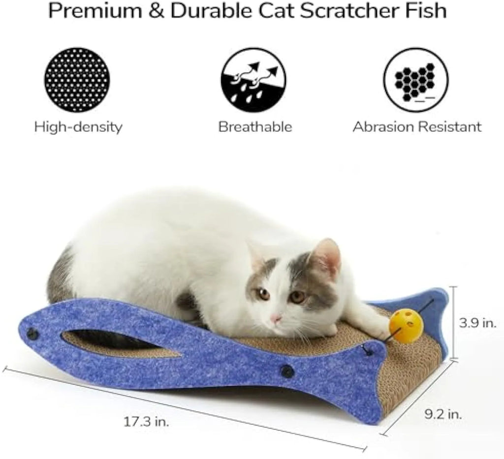 Blue fish-shaped corrugated cardboard cat scratcher lounge with bell ball toy attached.