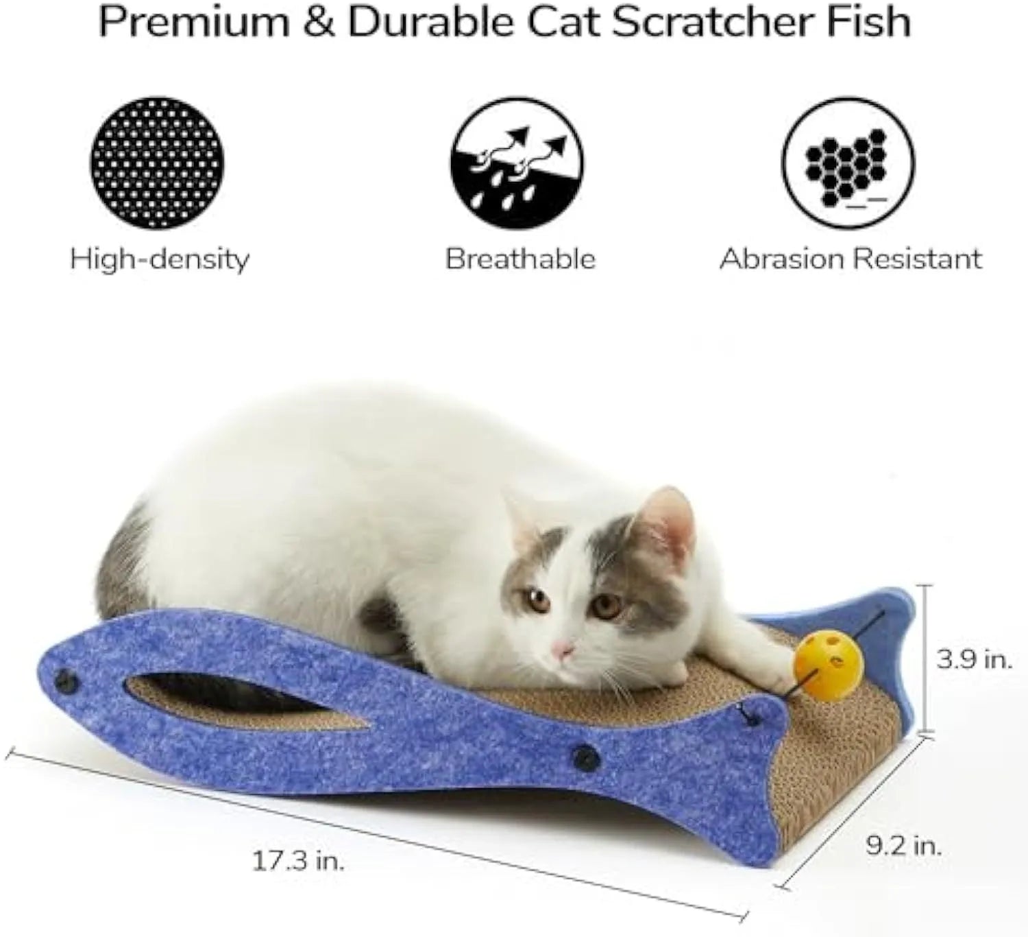 Blue fish-shaped corrugated cardboard cat scratcher lounge with bell ball toy attached.