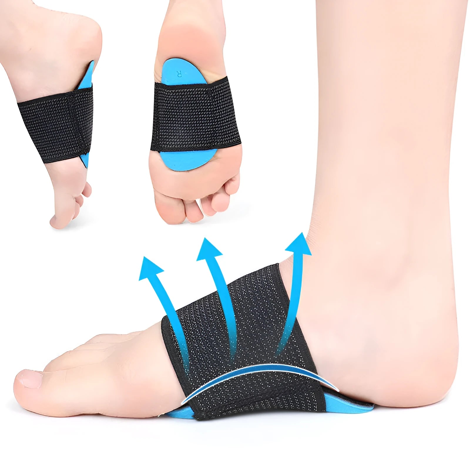 Blue elastic bandage foot pad with arch support for flat feet in adult and children sizes
