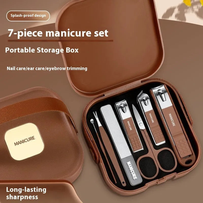 Portable anti-splash manicure set with multiple stainless steel tools in brown, white, green colours