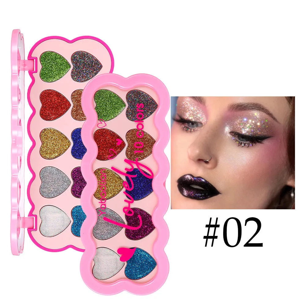 Pearlescent heart ten-colour sequins eye shadow palette showing 10 powder shades