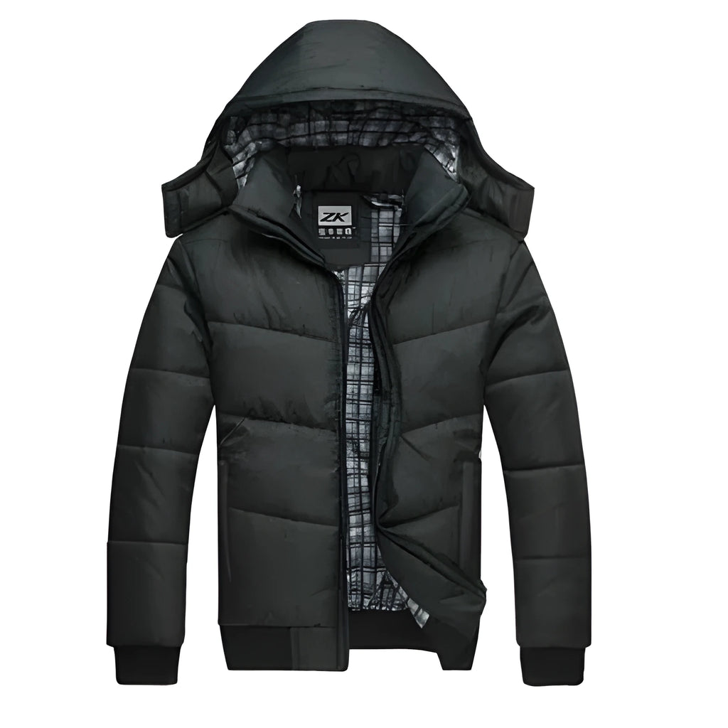 Black winter parka with removable hood and adjustable waist, full front zip, available in sizes M to 4XL
