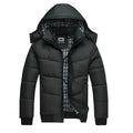 Black winter parka with removable hood and adjustable waist, full front zip, available in sizes M to 4XL