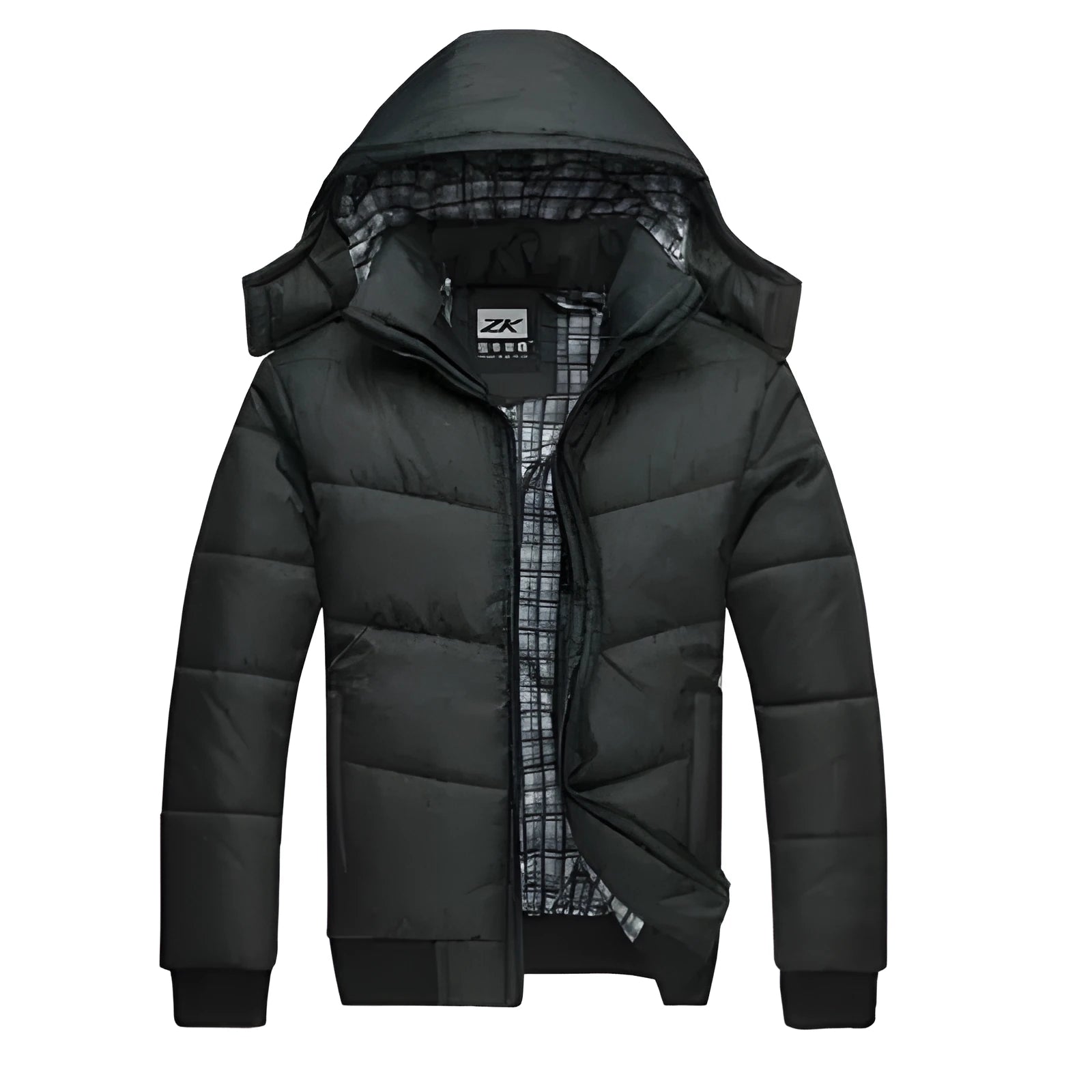 Black winter parka with removable hood and adjustable waist, full front zip, available in sizes M to 4XL
