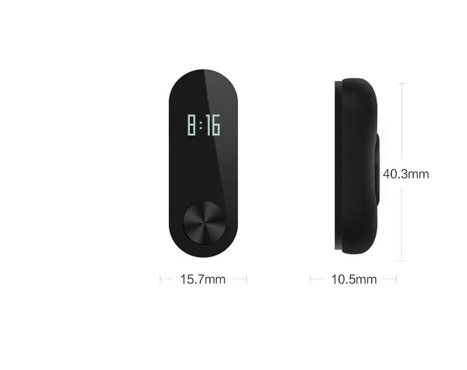 Black Xiaomi Mi Band 2 fitness tracker with OLED screen on an adjustable wrist strap