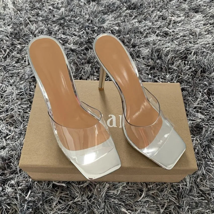 Women's black and silver high heels with PVC soles in sizes 34 to 43