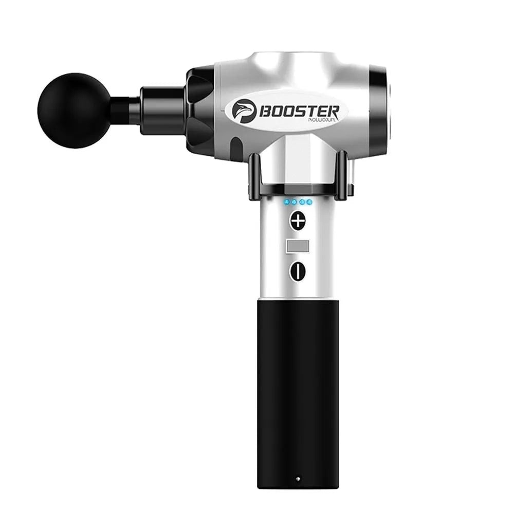 Black and white percussion muscle massage gun with adjustable speed settings