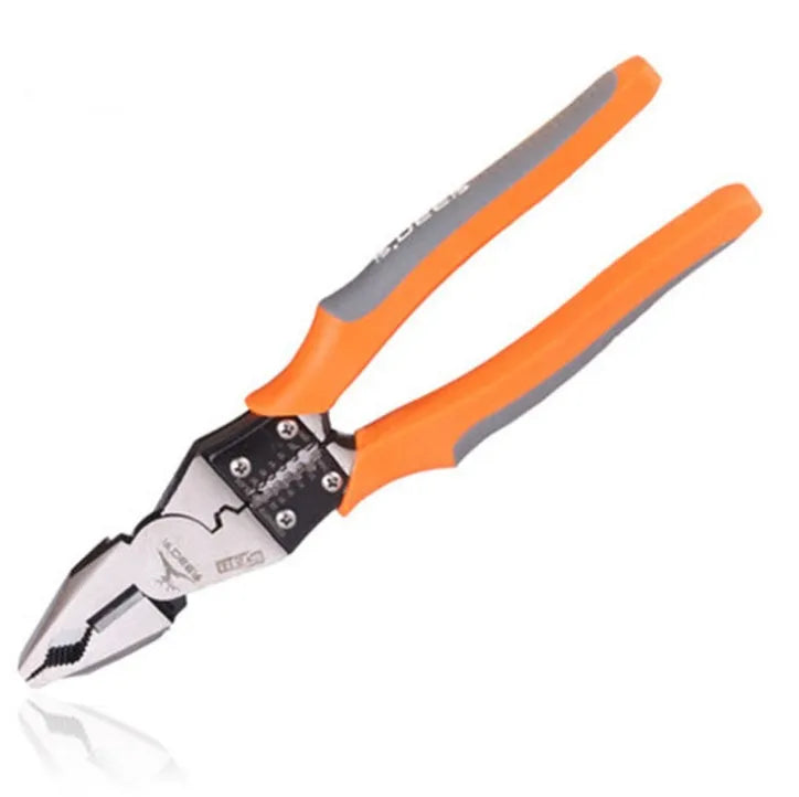 Orange multi-function wire cutter pliers with forged steel jaws and textured PVC handles.