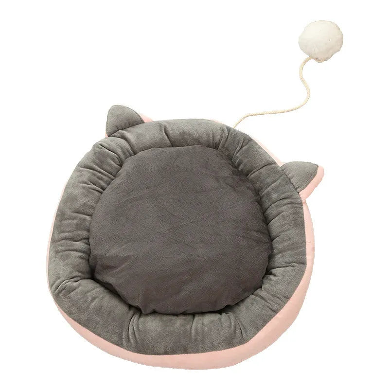 Suede cat litter mat with cat ears design, 36cm diameter, in pink and white colour