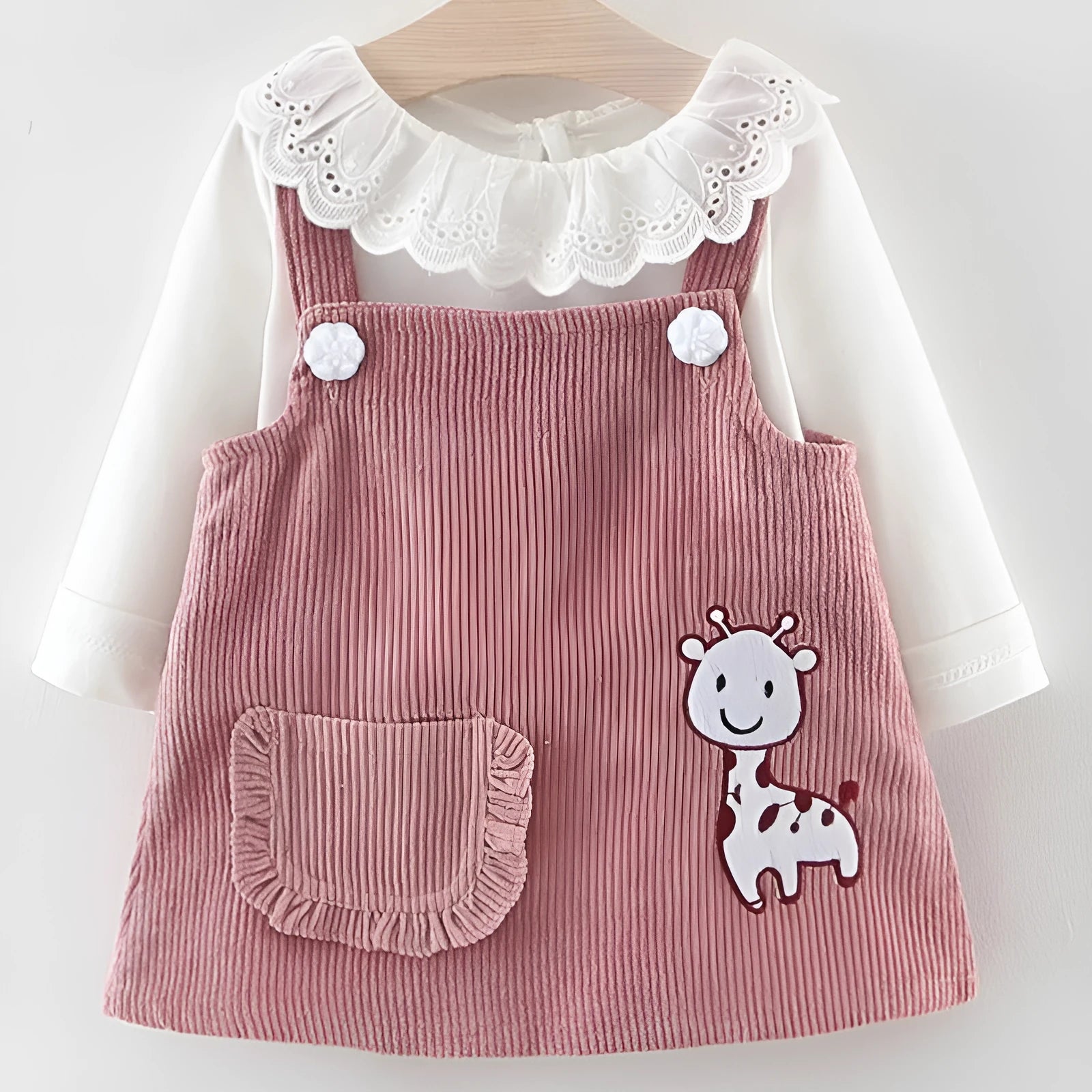 Baby girl two-piece cotton suspenders dress set in yellow with cartoon animal print
