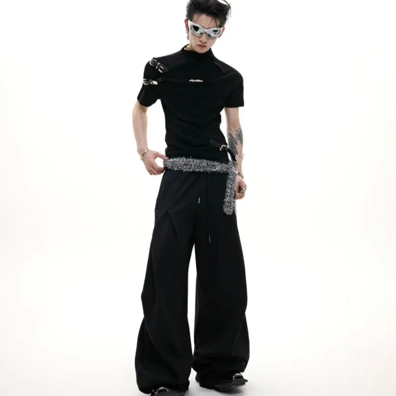 Men's black slim fit cotton T-shirt with metal belt detail and stand-up collar