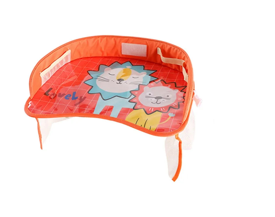 Baby car seat tray table in blue Oxford fabric and polyester, 42x32x8 cm, on a car seat