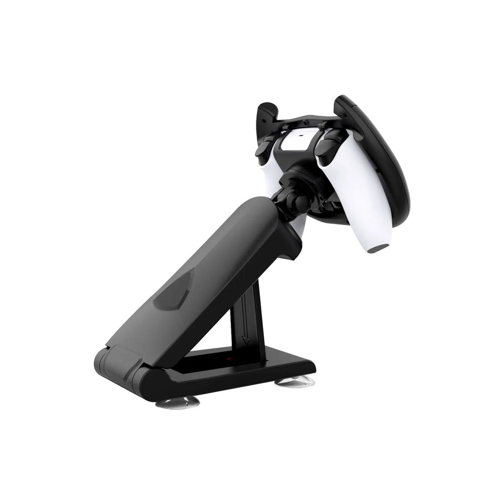 Black ABS plastic gamepad steering wheel bracket with suction cup and universal phone holder.