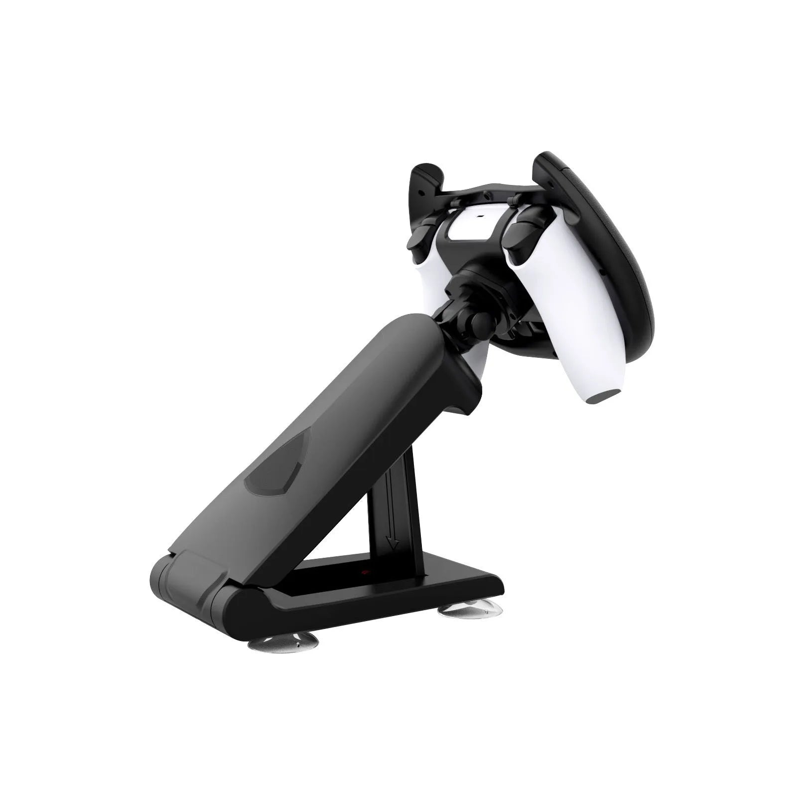 Black ABS plastic gamepad steering wheel bracket with suction cup and universal phone holder.