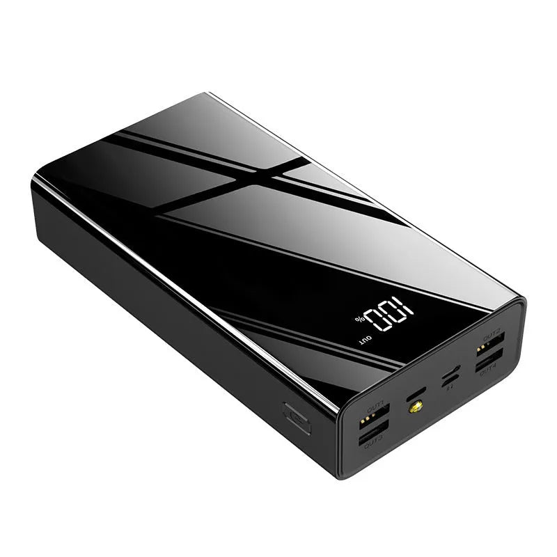 Large black or red 40000mAh power bank with LCD display screen showing battery percentage.