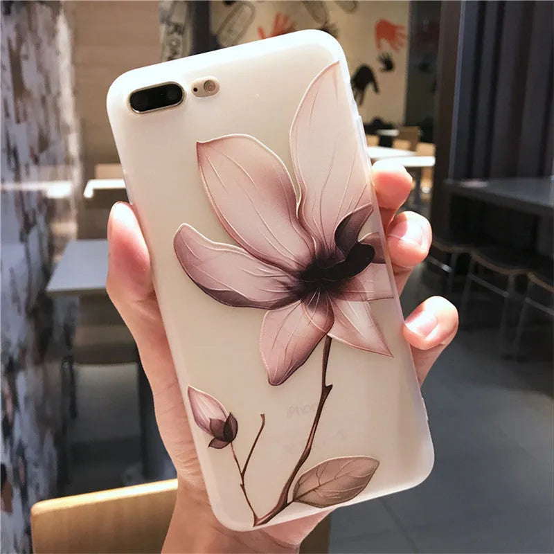 Black and white embossed floral design TPU back cover case for various iPhone models.