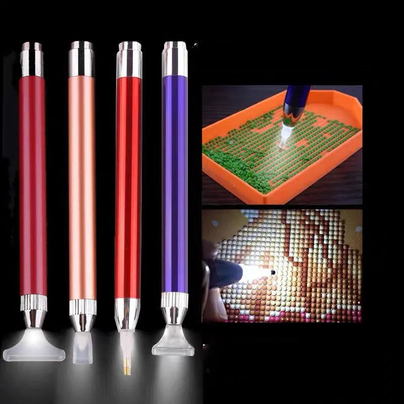 Aluminium alloy luminous drill pen for diamond painting in gold, red, or blue colour options