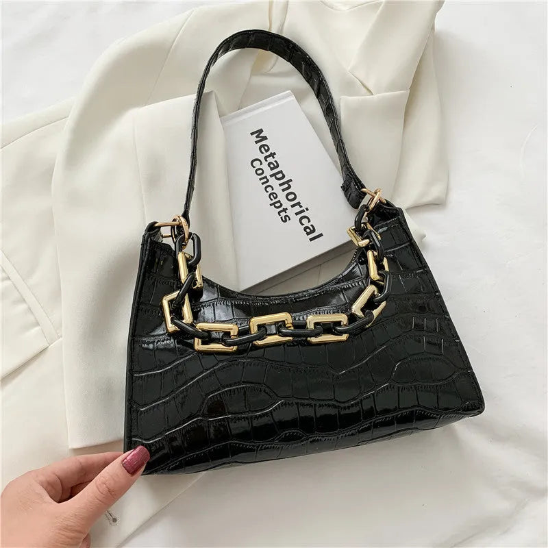 Fashion stone texture shoulder bag with chain in horizontal square shape